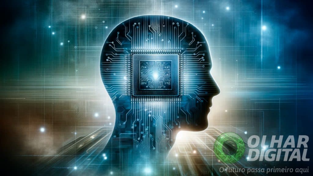 Ilustração de silhueta de pessoa com chip no lugar do cérebro para representar conceito de inteligência artificial