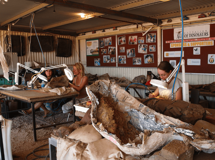 Registro de profissionais trabalhand em fósseis no Australian Age of Dinossaurs 